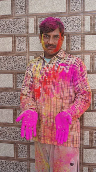 Fevereiro 2023 Jaipur Rajasthan Índia Indiana Jovem Mostrando Palma Colorida — Fotografia de Stock