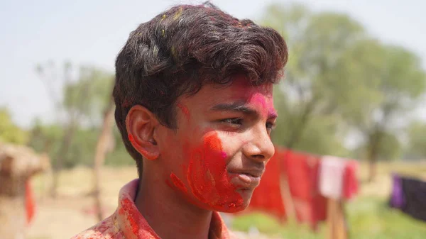 Holi Celebrations Indian Little Boy Playing Holi Showing Face Expression — Stock Photo, Image