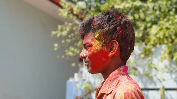 Holi Celebrations Indian Little Boy Playing Holi Showing Face Expression — Stock Photo, Image