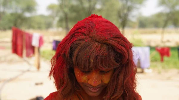 Beautiful Young Girl Posing Exploding Pink Yellow Holi Powder Her — Stock Photo, Image