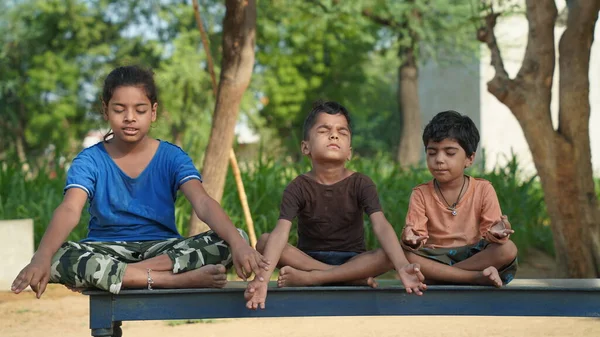 Діти Медитації Позують Разом Природі Польовий Парк Саду Сімейний Дитячий — стокове фото