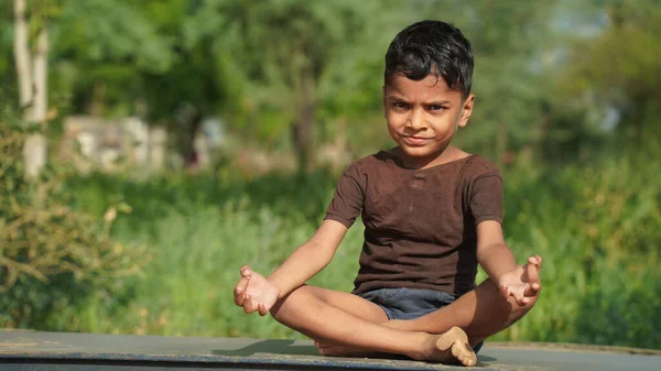 Indian Boy Doing Yoga Outdoors Healthy Peaceful Lifestyle Stock Picture