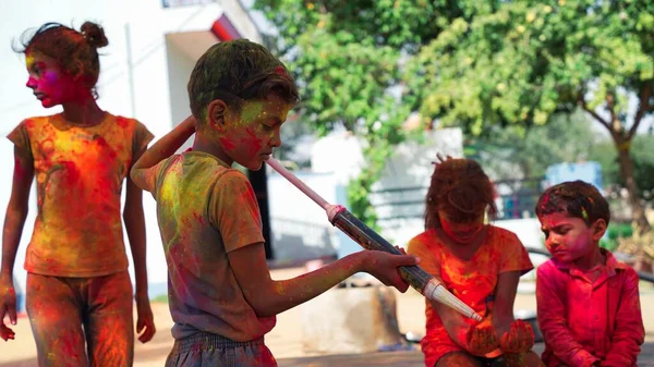 Indian Kids Playing Colours Asian Children Celebrating Holi Pichkari Festival — Stock Photo, Image