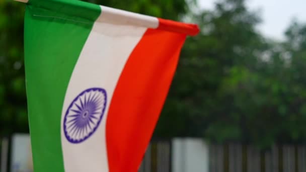 아이들이 달리고 지붕과 배경에 깃발을 흔들고 인도의 공화국의 축하하는 — 비디오