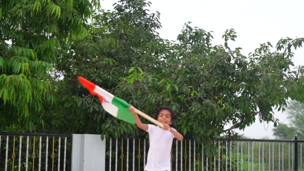 Celebrating Independence Republic Day Indian Girl Holding Waving Running Tricolour — Stock Video