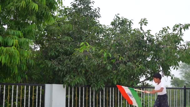 Bağımsızlığı Cumhuriyet Günü Kutlayan Hintli Çocuk Arka Planda Yeşil Ağaçla — Stok video