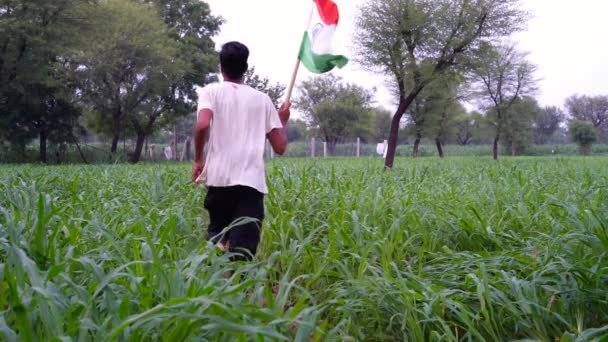 Индийский Ребенок Держит Машет Работает Триколором Возле Зелени Заднем Плане — стоковое видео