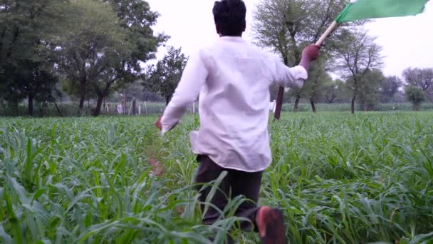 Молодой Индийский Фермер Размахивает Индийским Флагом Сельскохозяйственном Поле — стоковое видео