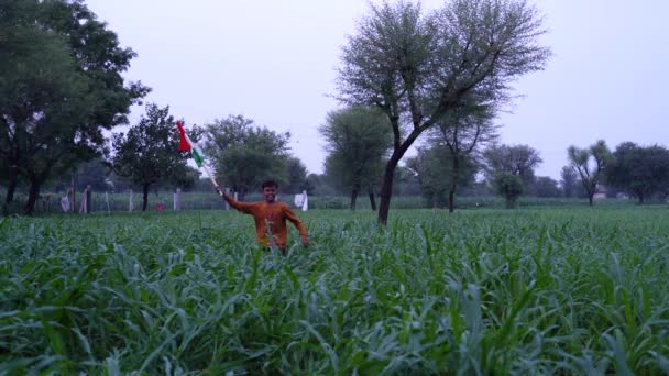 Индийские Деревенские Дети Держат Машут Бегают Триколором Зеленью Заднем Плане — стоковое видео