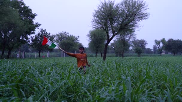 印度村庄的孩子们拿着 挥挥手 或背着三色旗跑步 背景是绿树 庆祝独立日或国庆日 — 图库视频影像