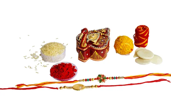 Raksha Bandhan White Background Elegant Rakhi Rice Grains Kumkum Traditional — Stock Photo, Image