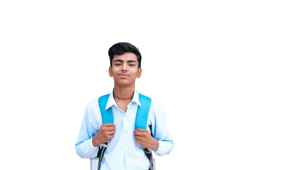 Portrait Smiling Hispanic Boy Looking Camera Young Schoolboy Carrying Backpack — Stock Photo, Image
