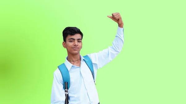 School Boy Backpack Superhero Pose White Background — Stock Photo, Image