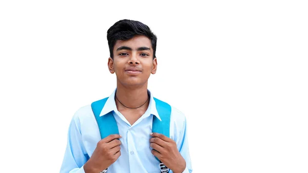 Retrato Rapaz Hispânico Sorridente Olhar Para Câmara Jovem Estudante Carregando — Fotografia de Stock