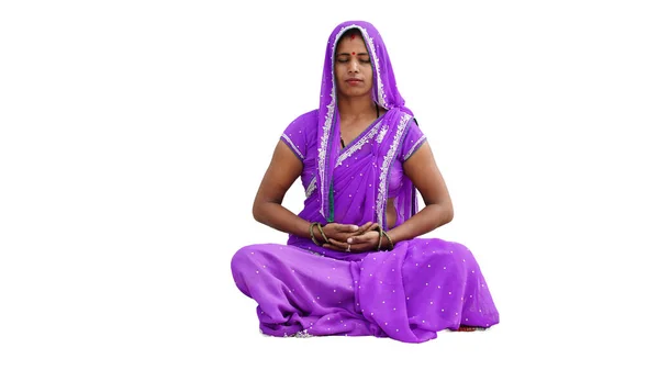 Indian Village Woman Traditional Costume Doing Yoga Meditation Roof Home — Stock Photo, Image