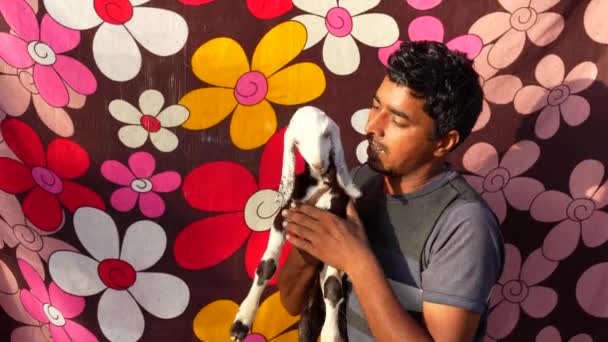 インドの少年は 花の生地の背景に小さなヤギを抱えています ペット動物と人々のコンセプト — ストック動画