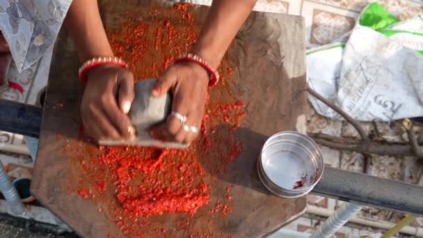 Mãos Mulher Rajastanesa Estão Moendo Pimentões Molho Tradicional Pimenta Indiana — Vídeo de Stock