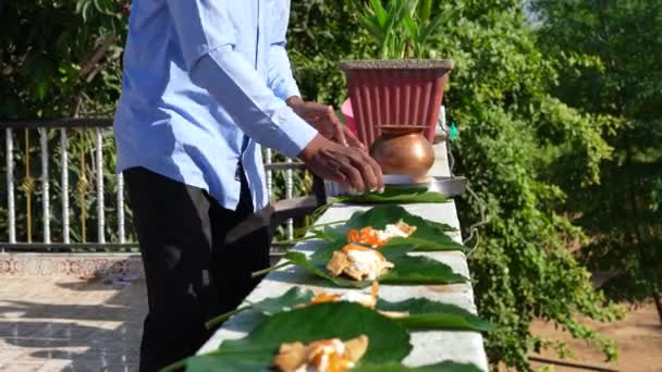 インドの宗教家は 鳥が食べるために葉の上に食べ物を置いた シャラダの月にヒンドゥー教の儀式中に緑の葉の上に置かれた食べ物 — ストック動画