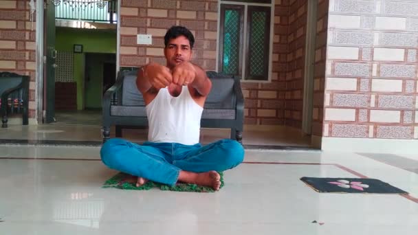 Young Indian Man Doing Yoga While House Floor Healthy Life — Stock Video
