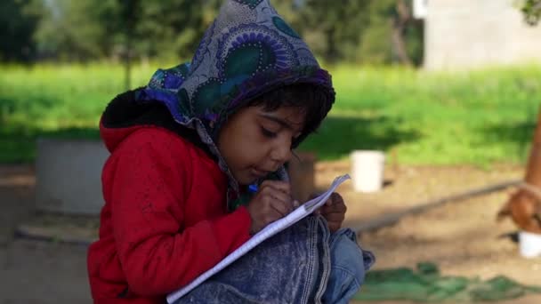 Poor Indian Girl Doing School Homework Notebook While Sitting Grass — Stock Video