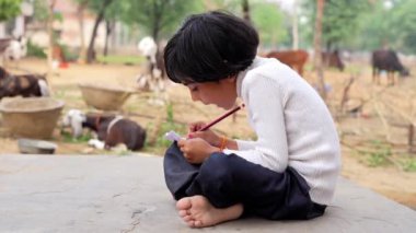 Küçük köylü kız defterde ödev yapıyor ve keçi çiftliğinin yanındaki taşın üzerinde oturuyor. Hint kırsal görüntüleri.