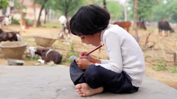 Petite Villageoise Faisant Ses Devoirs Dans Cahier Assise Sur Une — Video