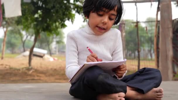 村里的小女孩在笔记本里做作业 坐在羊场附近的石头上 印度农村镜头 — 图库视频影像