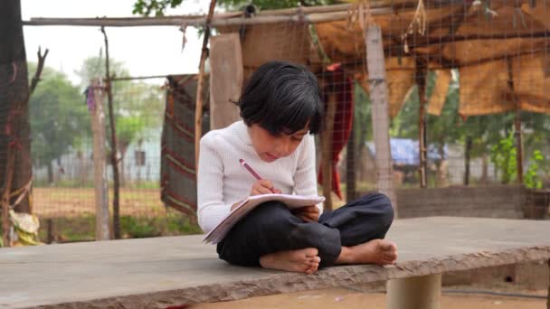 Маленька Сільська Дівчинка Робить Домашнє Завдання Блокноті Сидить Камені Біля — стокове відео
