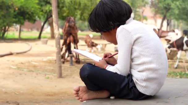 Indyjska Uczennica Siedzi Ziemi Pobliżu Farmy Kóz Pisze Książkę Mała — Wideo stockowe