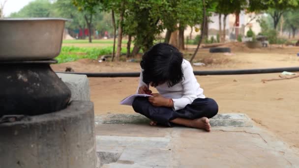 印度女学生正坐在羊场附近的地上 正在写一本书 一个小女孩在大自然中做作业 — 图库视频影像