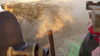 Saman, sap, bajra ya da darı hasadından ayrılmış kabuk, harman makinesinden yavaş uçar. 25 Kasım 2023 Jaipur, Rajasthan, Hindistan.