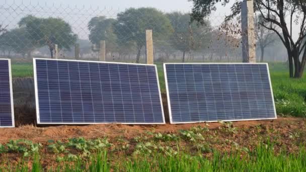 Sahadaki Güneş Paneli Güneş Enerjisi Istasyonu Hindistan Kırsalında Yenilenebilir Enerji — Stok video