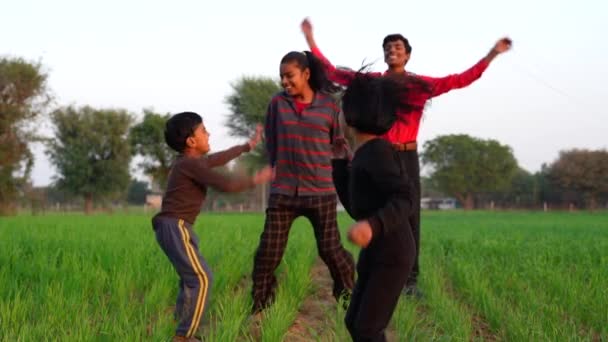 Счастливые Мальчики Девочки Наслаждающиеся Зимним Днем Парке Веселые Индийские Дети — стоковое видео