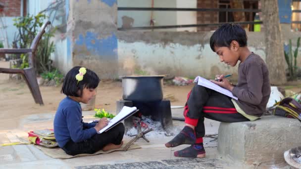 Elementary School Students Girl Boy Doing Homework Outdoor Village Kids — Stock Video