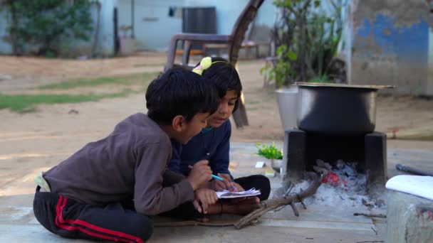 Elementary School Students Girl Boy Doing Homework Outdoor Village Kids — Stock Video