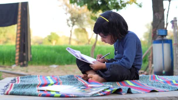ホーム環境で彼女の宿題をやっている美しい若い女の子 — ストック動画
