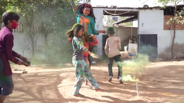 Celebration Holi Festival Day Colorful Footage Group Cheerful Kids Playing — Stock Video