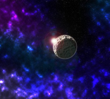 Uzayda bir buz gezegeninin 3 boyutlu görüntüsü nebula ve yıldızların arka planına karşı