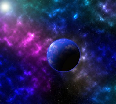 Uzayda bir buz gezegeninin 3 boyutlu görüntüsü nebula ve yıldızların arka planına karşı