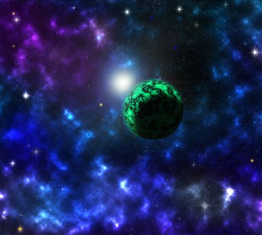 Evrendeki yıldızların ve bulutsuların arka planına karşı yeşil bir gezegenin 3 boyutlu çizimi