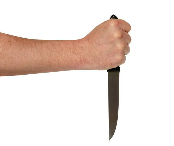 Hand Med Kniv Vuxen Man Vit Bakgrund — Stockfoto
