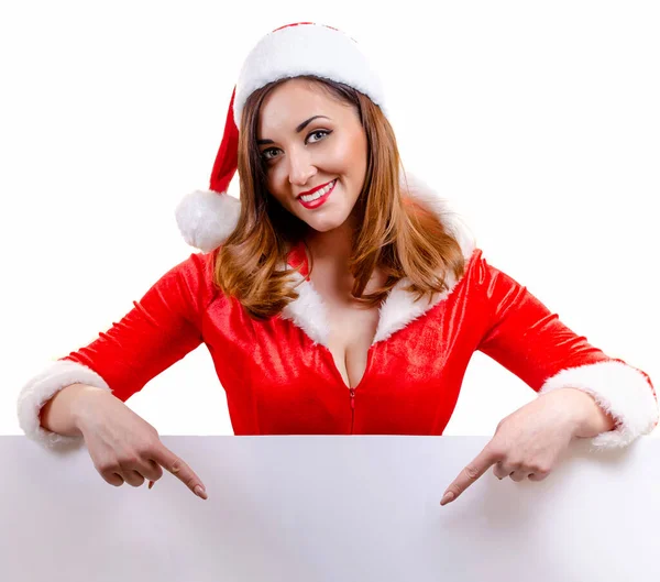 Noel Baba Kostümlü Genç Bir Kız Gülümseyip Bir Ürünün Reklamını Stok Fotoğraf