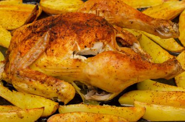Patates ve baharatlı kızarmış tavuk.