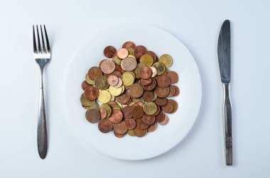 Seramik tabağa Euro sent. Çatal bıçak takımı mali açlığı simgeliyor.