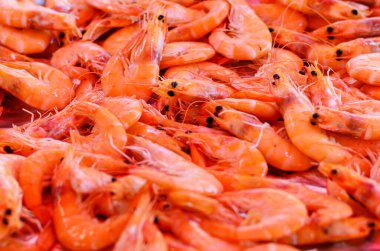 Sade zemin üzerinde yumuşak ışıklandırmalı çiğ karidesin yakın plan görüntüsü