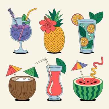Yaz Kokteylleri: Çeşitli bardaklarda servis edilen meyveli içecekler ve bir ananas da dahil olmak üzere bir dizi yaz kokteylinin yer aldığı tropikal içecekler ve ferahlatıcı İçecekler