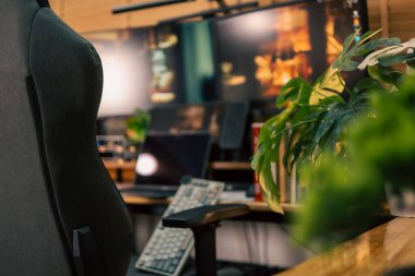 Üç monitör, not defteri, mikrofon ve yeşil bitkilerden oluşan sıcak ve rahat bir masa düzeni. Yaratıcı işler için minimalist bir Japon estetiğine sahip..