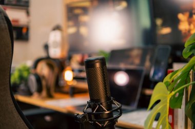 Üç monitör, not defteri, mikrofon ve yeşil bitkilerden oluşan sıcak ve rahat bir masa düzeni. Yaratıcı işler için minimalist bir Japon estetiğine sahip..