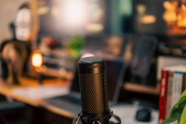 Üç monitör, not defteri, mikrofon ve yeşil bitkilerden oluşan sıcak ve rahat bir masa düzeni. Yaratıcı işler için minimalist bir Japon estetiğine sahip..