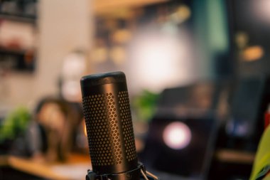 Üç monitör, not defteri, mikrofon ve yeşil bitkilerden oluşan sıcak ve rahat bir masa düzeni. Yaratıcı işler için minimalist bir Japon estetiğine sahip..